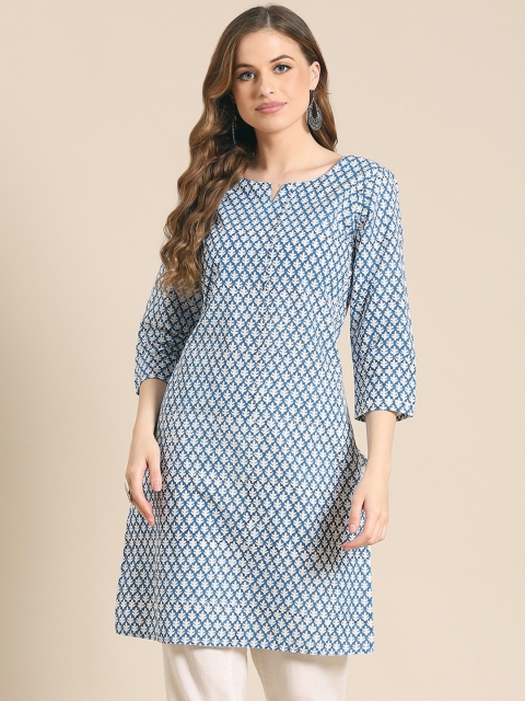 

Prakrti White & Blue Printed Pure Cotton Kurti