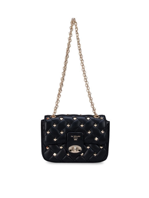 

Da Milano Black Embellished Leather Structured Sling Bag With Quilted