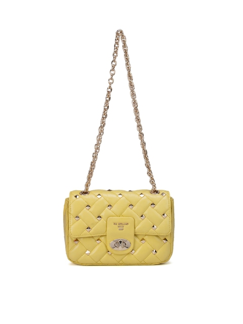 

Da Milano Yellow Quilted Embellished Leather Structured Sling Bag