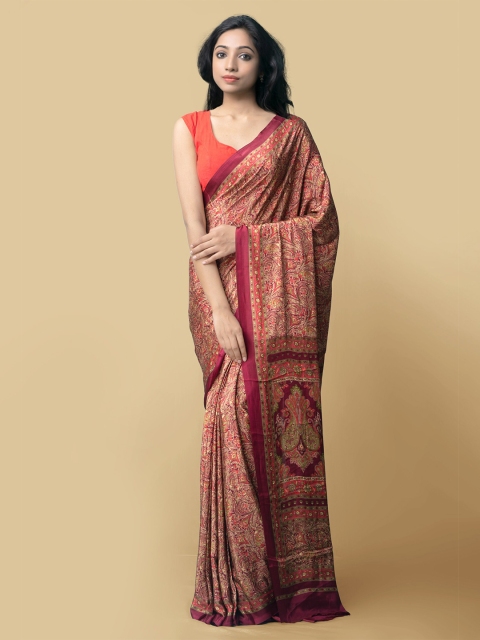 

Unnati Silks Red & Beige Ethnic Motifs Art Silk Block Print Saree