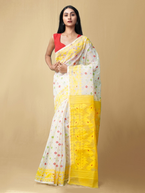

Unnati Silks Cream-Coloured & Yellow Floral Pure Cotton Jamdani Saree