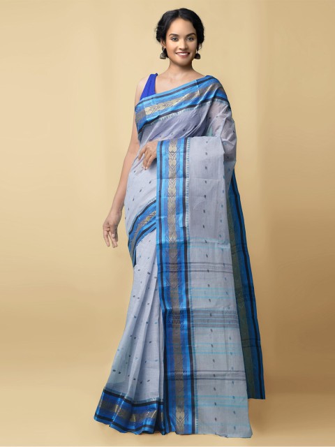 

Unnati Silks Blue & Gold-Toned Woven Design Zari Pure Cotton Taant Saree