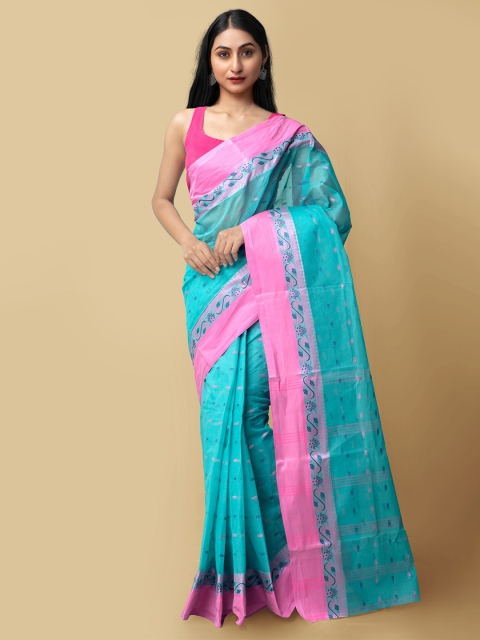 

Unnati Silks Blue & Pink Ethnic Motifs Pure Cotton Taant Saree