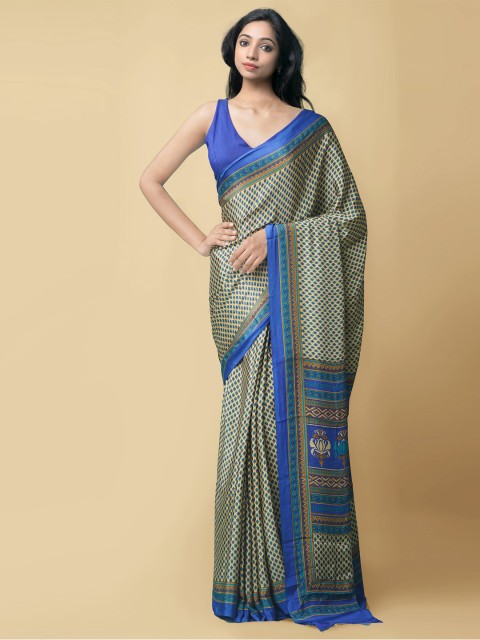 

Unnati Silks Beige & Blue Ethnic Motifs Block Print Saree