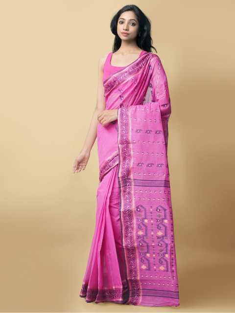 

Unnati Silks Women Pink & Beige Pure Handloom Dhaka Jamdhani Bengal Tant Cotton Sustainable Saree