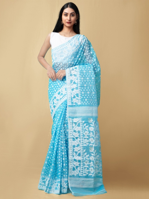

Unnati Silks Blue & White Woven Design Pure Cotton Jamdani Saree