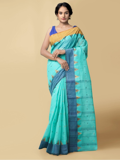 

Unnati Silks Blue & Gold-Toned Woven Design Pure Cotton Taant Saree