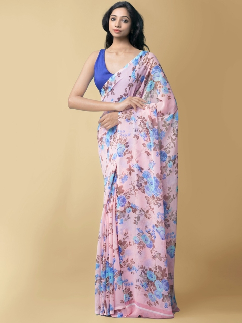 

Unnati Silks Pink & Blue Floral Printed Georgette Saree