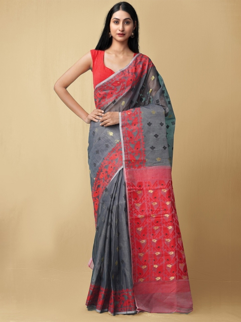 

Unnati Silks Grey & Pink Woven Design Pure Cotton Jamdani Saree