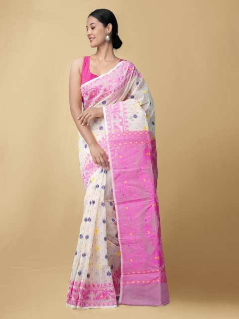 

Unnati Silks Cream-Coloured & Pink Woven Design Pure Cotton Jamdani Saree