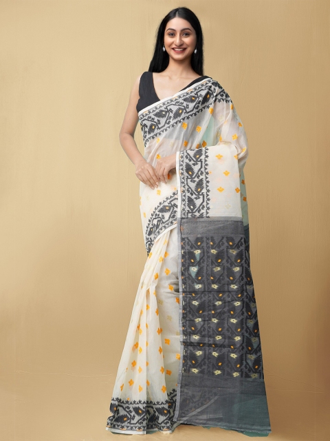 

Unnati Silks Women Cream-Coloured & Grey Pure Handloom Dhaka Jamdhani Bengal Tant Cotton Saree