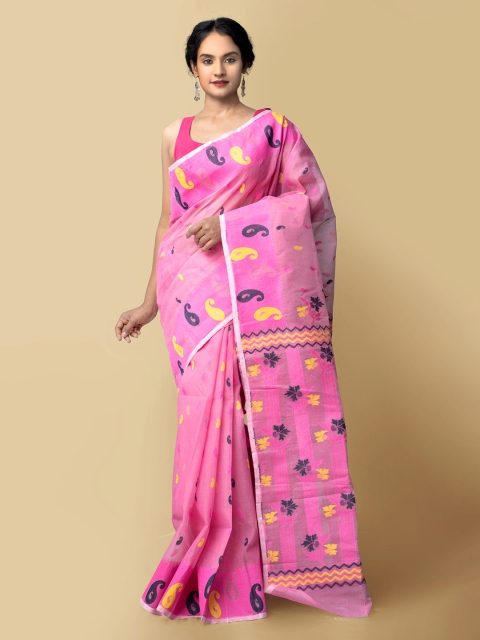 

Unnati Silks Pink & Blue Paisley Pure Cotton Jamdani Saree