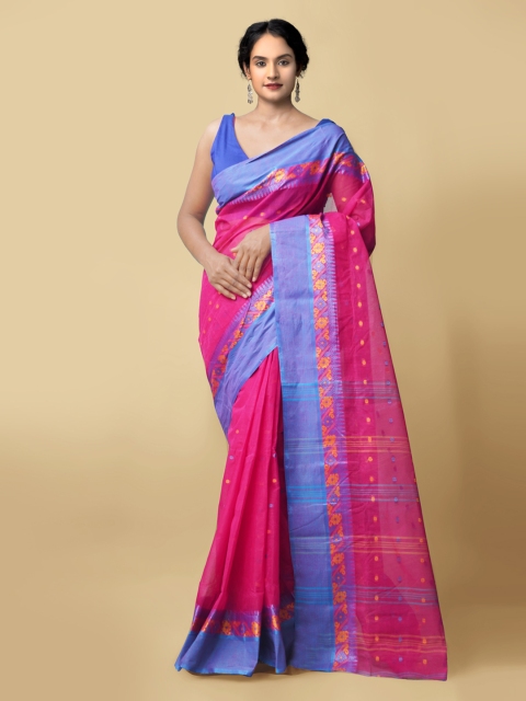 

Unnati Silks Pink & Blue Woven Design Pure Cotton Jamdani Saree