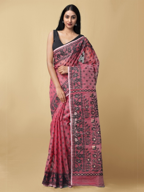 

Unnati Silks Red & Black Ethnic Motifs Pure Cotton Jamdani Saree