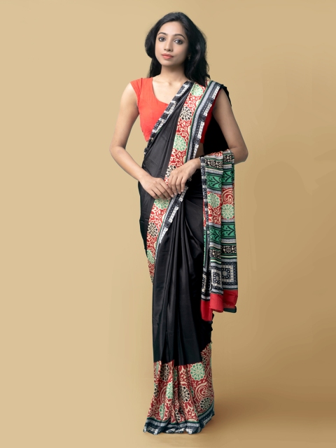 

Unnati Silks Black & Red Art Silk Block Print Saree