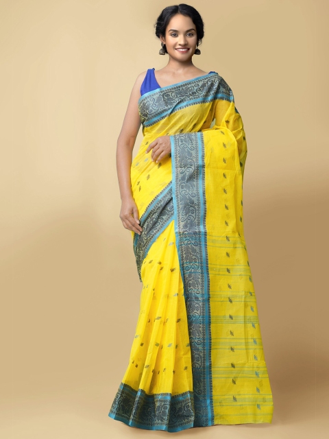 

Unnati Silks Yellow & Blue Pure Cotton Taant Saree