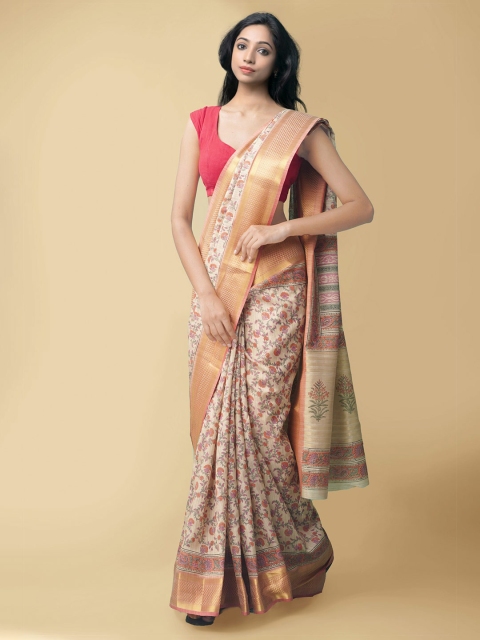 

Unnati Silks Brown & Pink Floral Zari Jute Silk Maheshwari Saree