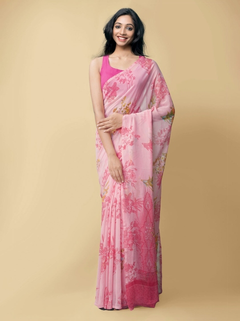 

Unnati Silks Pink & Yellow Floral Block Print Saree