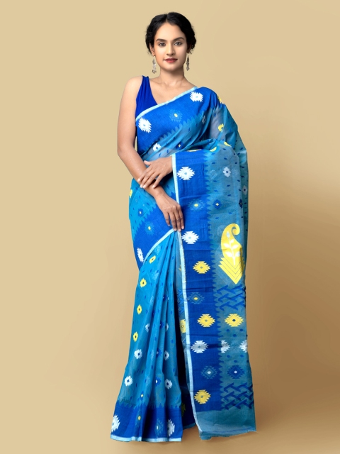 

Unnati Silks Blue & Yellow Woven Design Pure Cotton Jamdani Saree