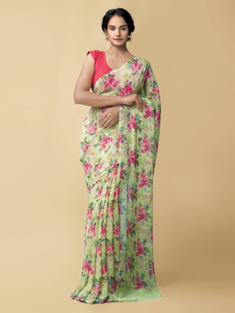 

Unnati Silks Green & Pink Floral Block Print Saree