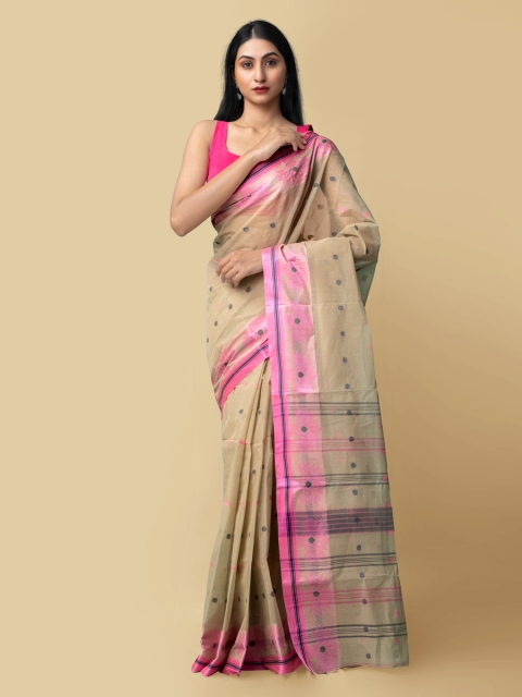 

Unnati Silks Brown & Pink Pure Cotton Taant Saree