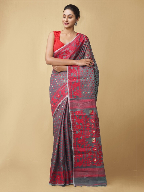 

Unnati Silks Grey & Red Woven Design Pure Cotton Jamdani Saree