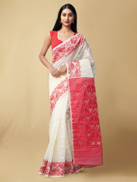 

Unnati Silks Cream-Coloured & Red Woven Design Pure Cotton Jamdani Saree
