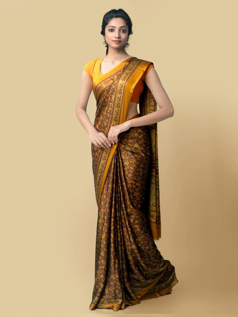 

Unnati Silks Maroon & Yellow Ethnic Motifs Pure Chiffon Baluchari Saree