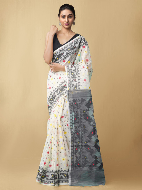 

Unnati Silks Women Cream-Coloured & Grey Pure Handloom Dhaka Jamdhani Bengal Tant Cotton Sustainable Saree
