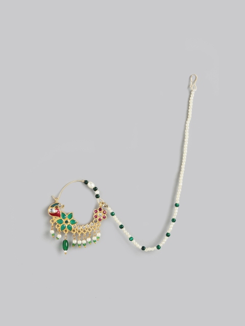 

Anouk Gold-Toned & Green Stone Studded & Beaded Chained Nose Ring