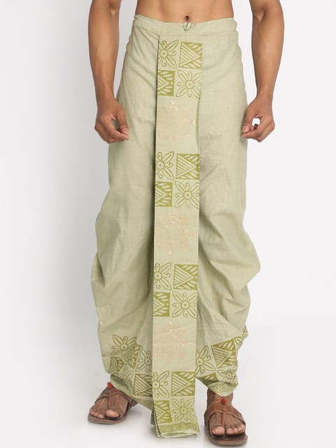 

Nakshi Men Olive Green Floral Handblock Printed Pure Cotton Dhoti