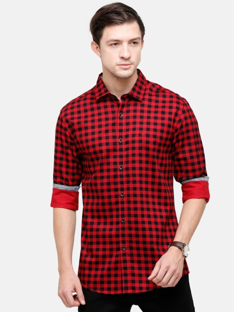 

Swiss Club Men Red Pure Cotton Gingham Checked Slim Fit Casual Shirt