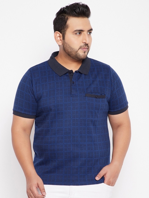 

AUSTIVO Plus Size Men Blue Checked Polo Collar Pockets T-shirt