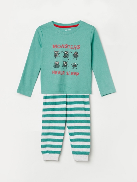 

Juniors Boys Teal Green & White Printed Pure Cotton Night suit