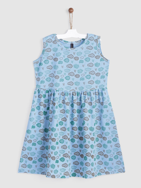 

YK Girls Blue Printed Cotton Fit and Flare Jersey Dress