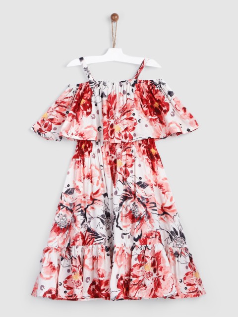 

YK Girls White & Red Cotton Floral Maxi Dress