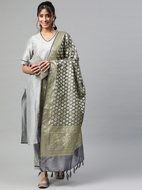 

BharatSthali Grey & Gold-Toned Ethnic Motifs Woven Design Cotton Silk Banarasi Dupatta