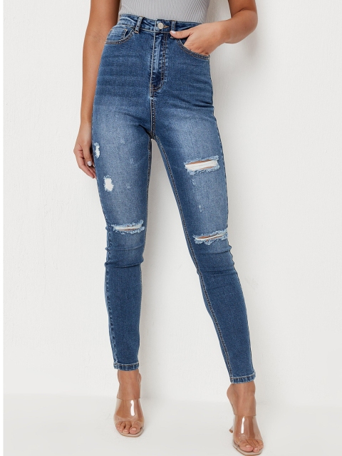 

Missguided Women Navy Blue Skinny Fit High-Rise Mildly Distressed Light Fade Stretchable Jeans