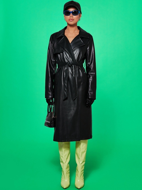 

Missguided Women Black Solid Font-Open Longline Trench Coat with Belt