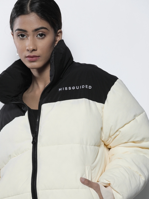 

Missguided Petite Women Off-White & Black Colourblocked Puffer Jacket
