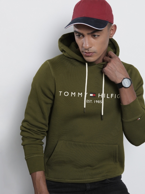 

Tommy Hilfiger Men Olive Green Printed Hooded Sweatshirt