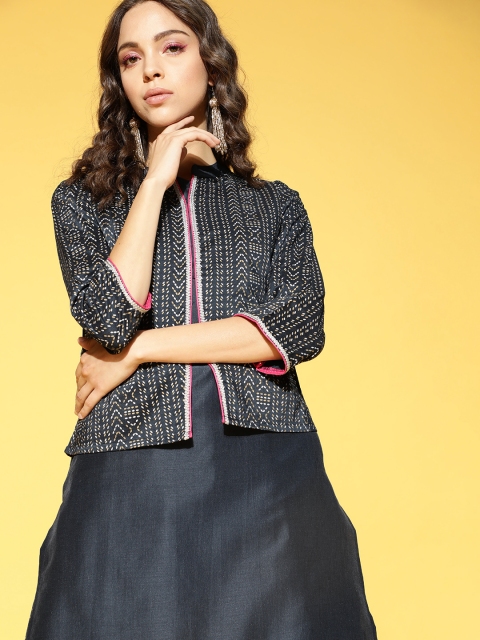 

ZIYAA Women Navy Blue Geometric Printed Regular Kurta with Dhoti Pants with Jacket