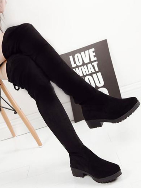 

Street Style Store Women Black Suede High-Top Flat Boots