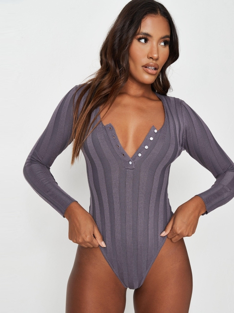 

Missguided Grey Self-Striped Fitted High-Cut Top Bodysuit
