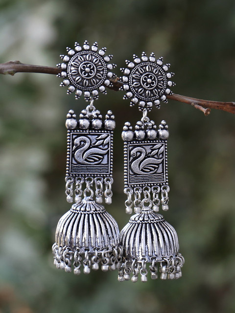 

FIROZA Oxidised Silver-Toned Textured Jhumka Earrings