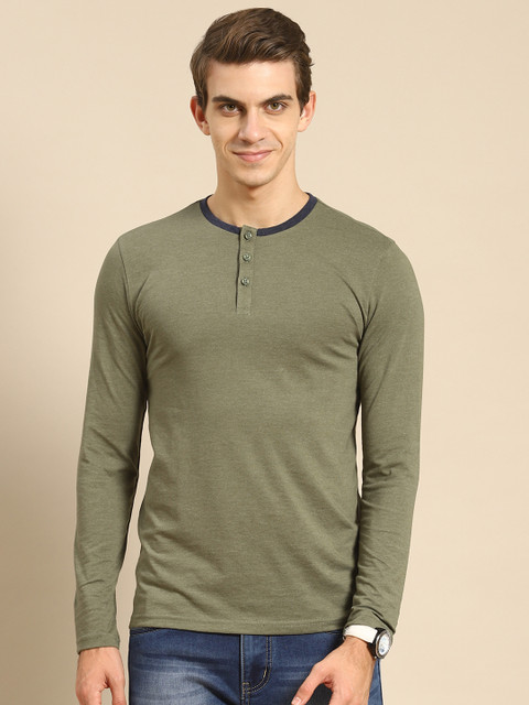 

United Colors of Benetton Men Olive Green Henley Neck T-shirt