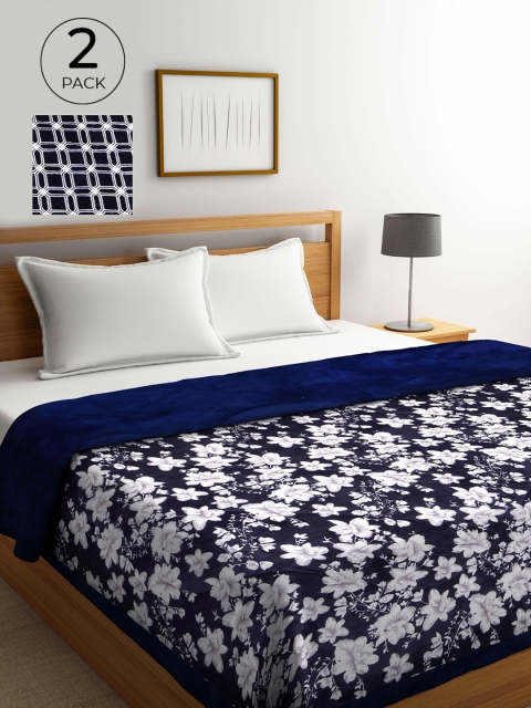 

KLOTTHE White & Blue Set of 2 Floral Heavy Winter Double Bed Quilt