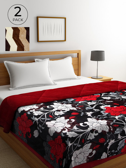

KLOTTHE Black & Brown Set of 2 Floral Heavy Winter Double Bed Quilt