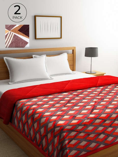 

KLOTTHE Set of 2 Red & Brown 800 GSM Geometric Heavy Winter Double Bed Quilt