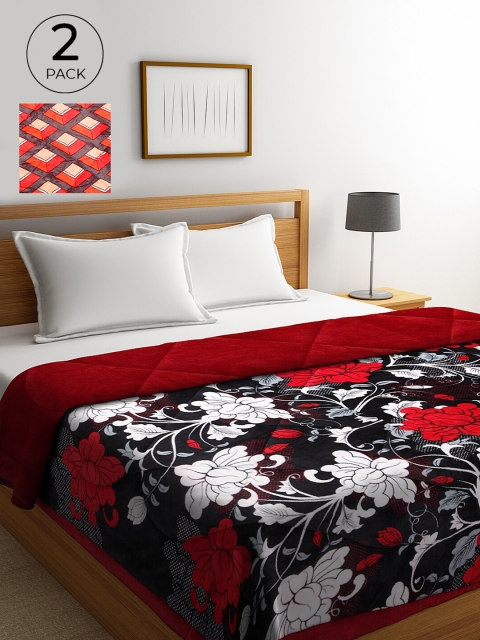 

KLOTTHE Red & White Set of 2 Floral Heavy Winter Double Bed Quilt